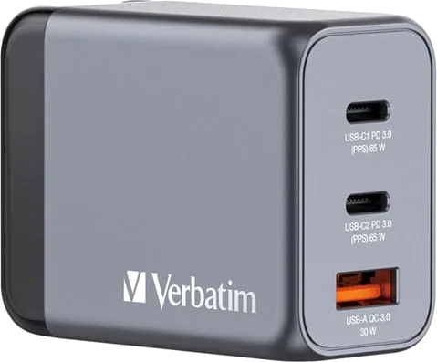 Verbatim 65W3-Port GaN3 Wall Charger PD3/QC3 2C1A UK/US/EU