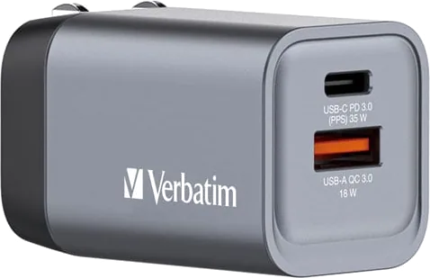 Verbatim 35W UK/US/EU 2-Port GaN Wall Charger With Power Delivery 2C1A