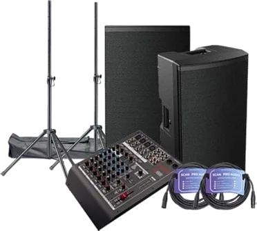 HH - Tensor TRE-1501 15" Active Loudspeakers, HH Q8FX Mixer, Stands and Leads