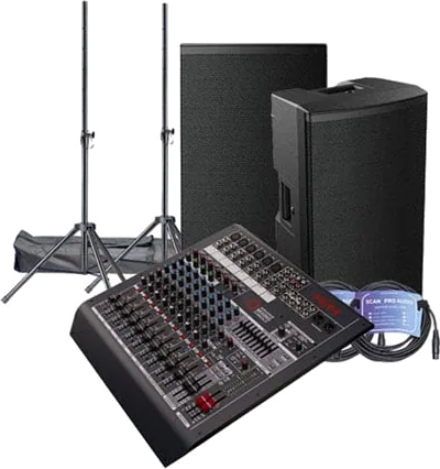 HH - Tensor TRE-1501 15" Active Loudspeakers, HH Q12FX Mixer, Stands and Leads
