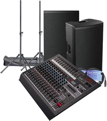 HH 15" Loudspeakers, Q16FX Mixing Desk, Stands and Leads
