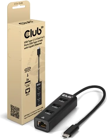Club 3D USB Type-C 3.2 Gen1 to 3 Ports USB Type-A Hub with Gigabit Ethernet