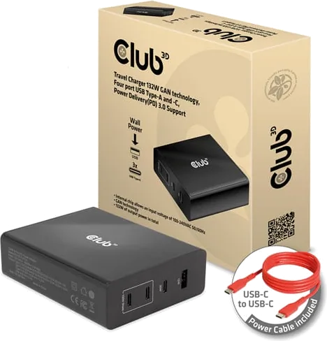 Club 3D 132W GaN Technology 4-Port USB Travel Charger with PD3.0 Support