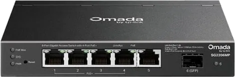 6-Port tp-link Omada SG2206MP PoE+ Smart Switch, Managed, 63W PoE Budget, 5 x GbE (4 x PoE+) RJ45, 1 x GbE SFP