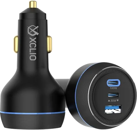 Xclio Premium 130W Ultra Fast PD Dual USB-C + USB-A Metal Car Charger for Laptops/Phones/Tablets