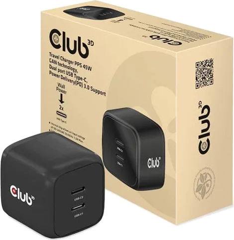 Club 3D 45W GaN Technology USB Travel Charger with PD3.0 Support