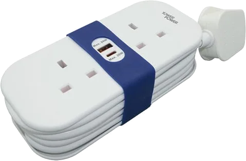Tower 1.4m Portable Mains Extension Lead 2x UK Outlets 2x USB Ports
