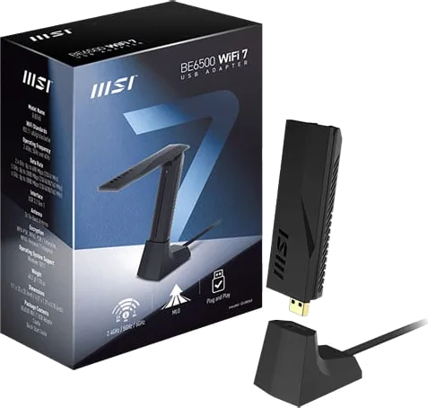 MSI BE6500 Wireless Adapter, WiFi 7, USB3.2 Tri Band (688 + 2880 + 2880) Mbps, OFDMA, MU-MIMO, WPA3