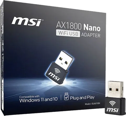 MSI AX1800 Nano Wireless Adapter, WiFi 6, USB 2.0, Dual Band (574 + 1201) Mbps, 802.11ax, OFDMA, MU-MIMO, WPA3